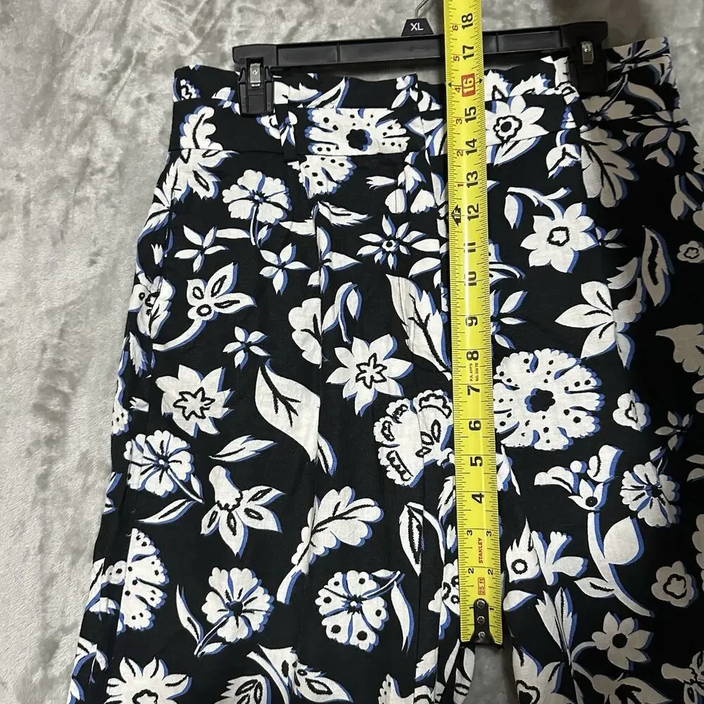 Zara Womens Wide‎ Leg Linen Blend Floral Trousers Sz L Black Boho Coastal Resort